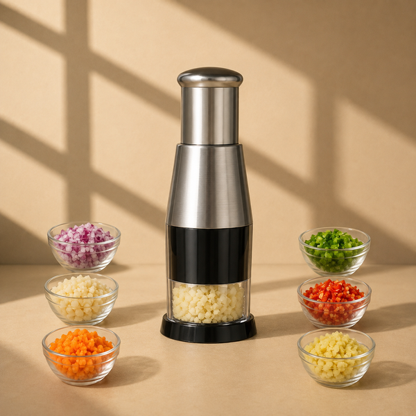 Manual Vegetable Chopper with Container – Stainless Steel Hand Press Food Chopper for Onion, Garlic & Vegetables