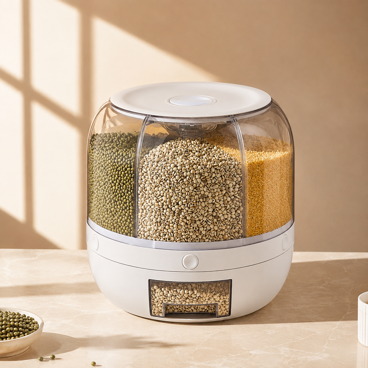 Six - Grid Airtight Rotating Grain Dispenser | Multi-Compartment Rice, Cereal & Dry Food Storage Container