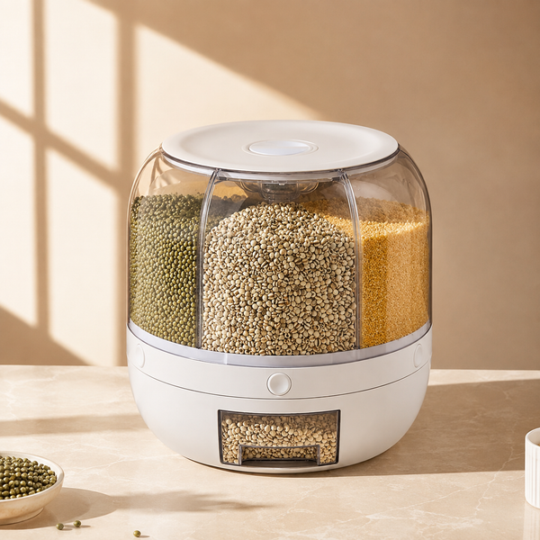 Six - Grid Airtight Rotating Grain Dispenser | Multi-Compartment Rice, Cereal & Dry Food Storage Container